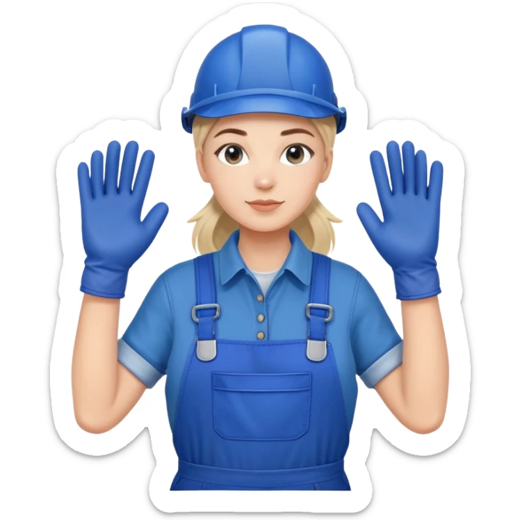 Russian factory worker gender neutral in blue overalls with gloves industrial background sticker