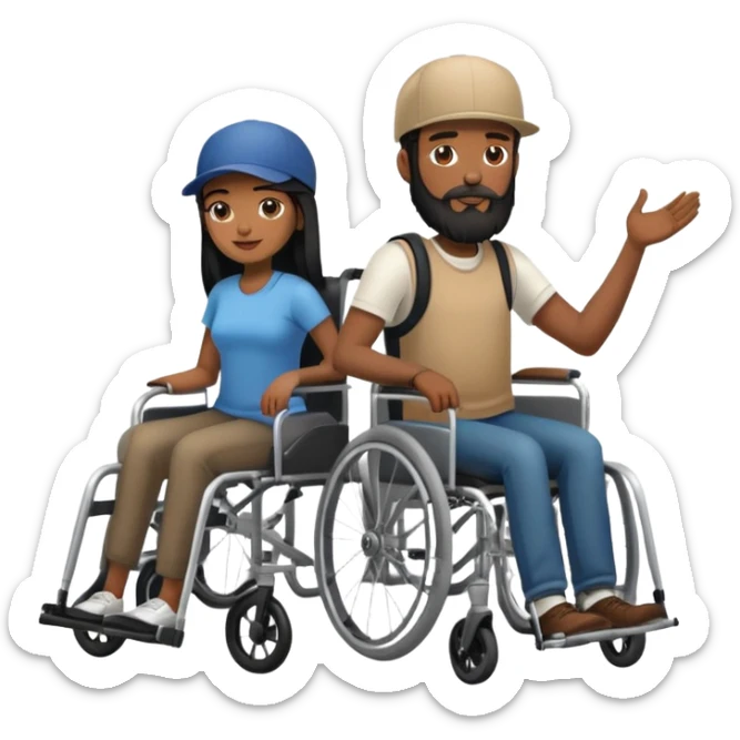 Beige skin man with a beard and cap in a wheelchair and a dark brown skin woman with long black hair in a wheelchair  sticker