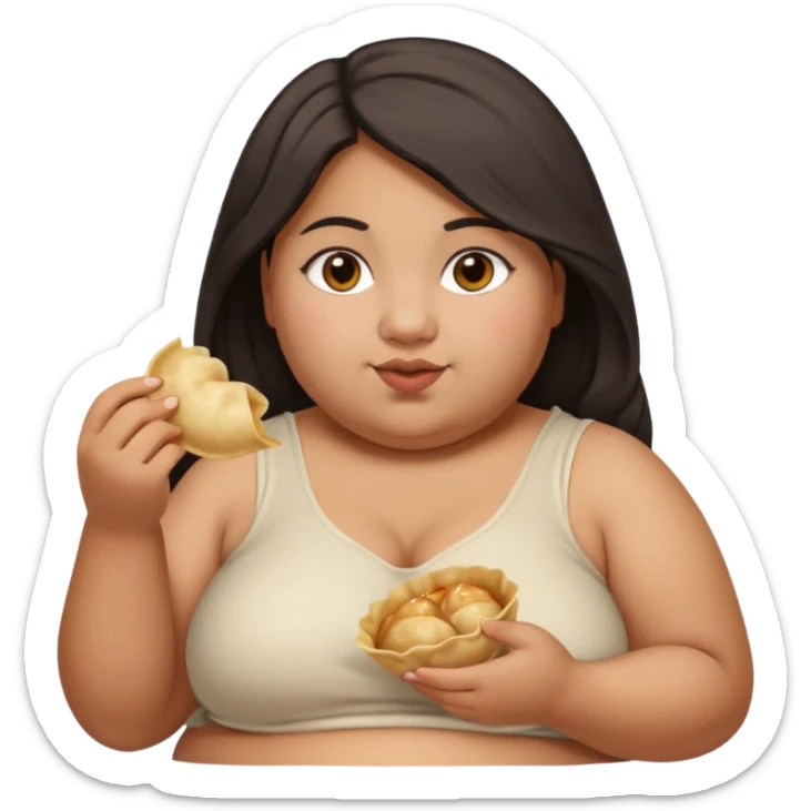 Can you create an emoji of a half Indian - half white 23 year old girl with dark brown mid length hair and brown eyes who is super obese and eating a dumpling. Full body and make her really fat sticker