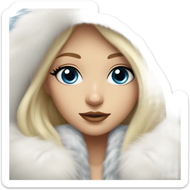 Beautiful Girl with lashes and blue eyes, blonde hair, in a extremely big fluffy oversized white fur coat with hood on. The fur is real and it’s very obvious big and fluffy  sticker