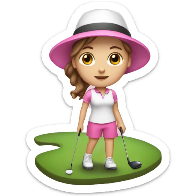 White girl with brown hair wearing a pink hat and golfing sticker