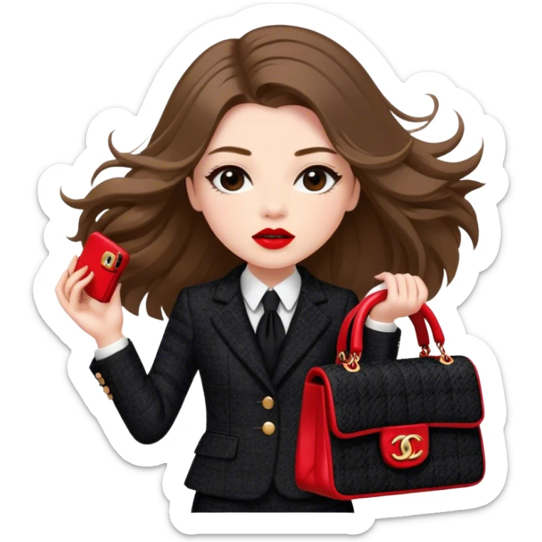 White girl with brown long hair dressed up in black chanel tweed suit with a red chanel bag and red lipstick. Close up with wind blowing her hair looking fancy sticker