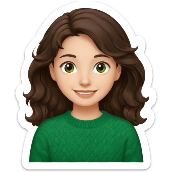 Una chica güera con pelo ondulado, café oscuro, largo, ojos cafés oscuros y con suéter o camisa verde sticker