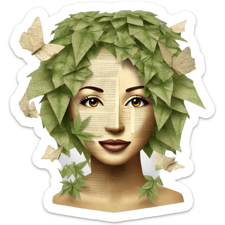  Photograph of Hemp 420 lady face made of 420 origami newspaper roses hemp leaves lantern fairy lights burning paper and hemp leaves in hair  sticker