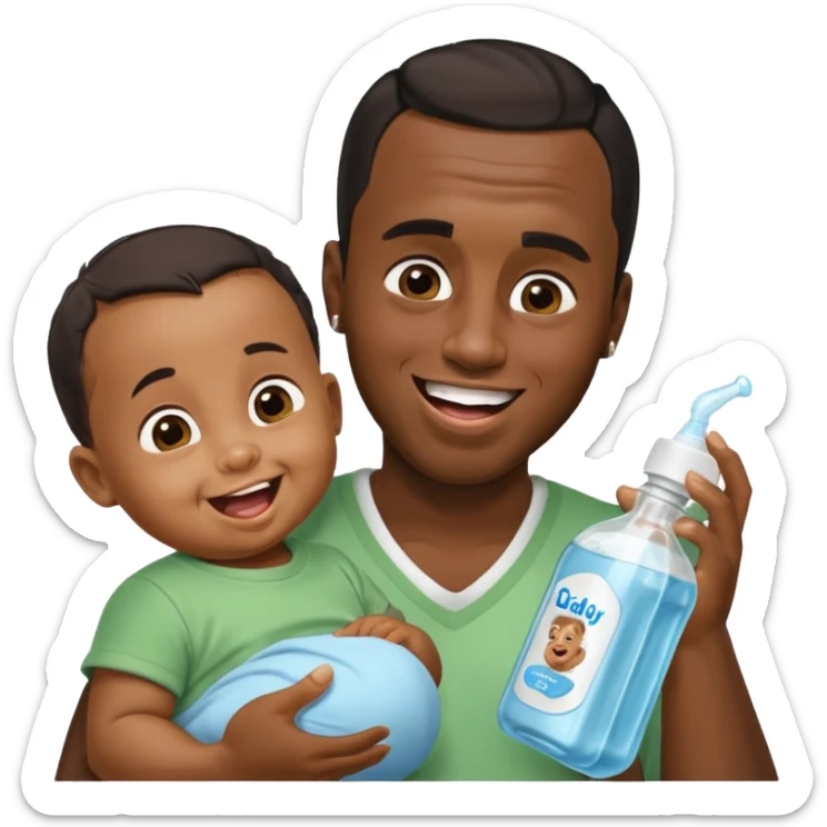 Sean “Diddy” Combs with baby oil and a very small infant and he’s pouring the baby oil on the infant that is laughing with a very exaggerated expression sticker