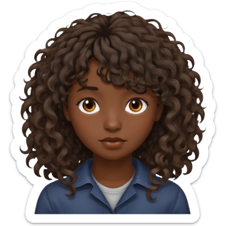 Fais la frange plus tordu la peau plus foncé et les cheveux bruns et bien plus long mais avec les cheveux bouclés  fais la peau bien plus foncée et la frange vrm pas droite pas égal  sticker