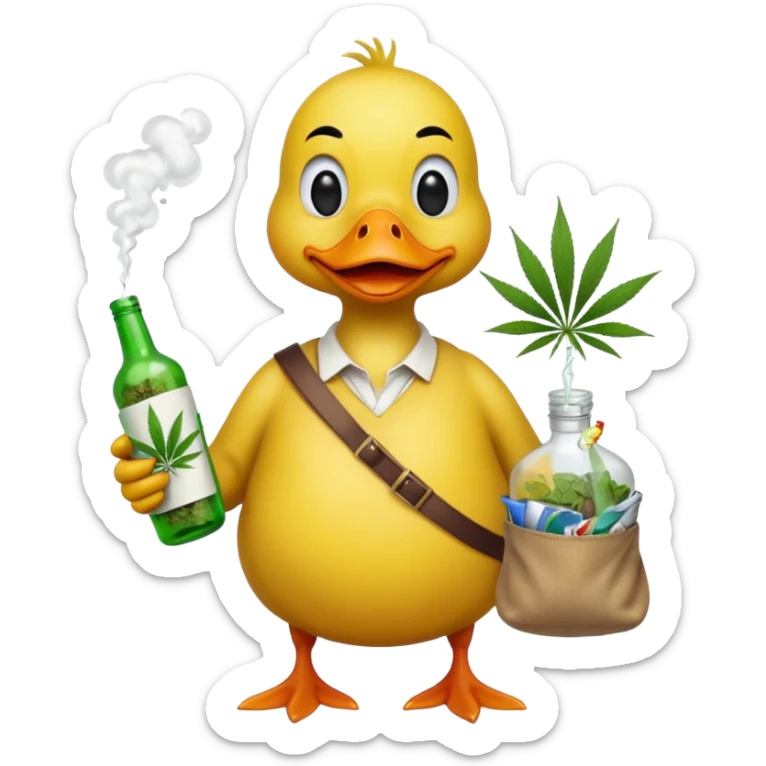 Drunk and high duck animal holding wĺeed bottle and a bag of weed. Looking really drunk sticker