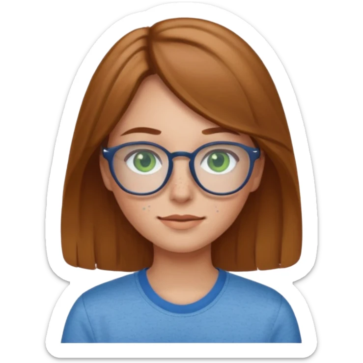 Create an emoji of a girl with light brown hair medium length hair, green eyes, freckles, glasses and wearing a blue shirt sticker