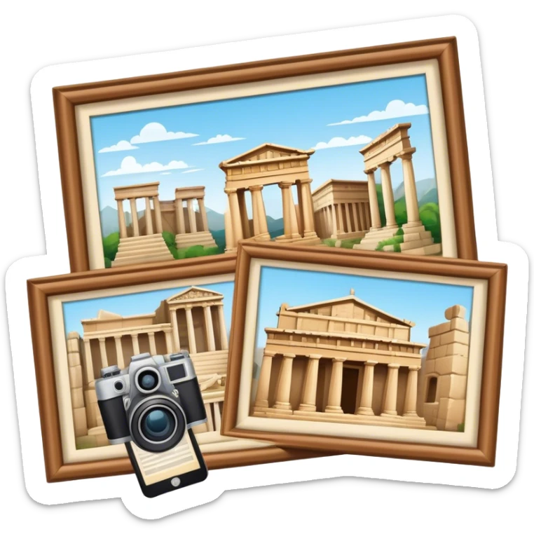 Icon for Historical and Cultural Tourism: iconic landmarks like ancient ruins, a museum and a historical monument, with a travel guidebook and camera. The icon should capture the exploration of history and culture. Transparent background. sticker