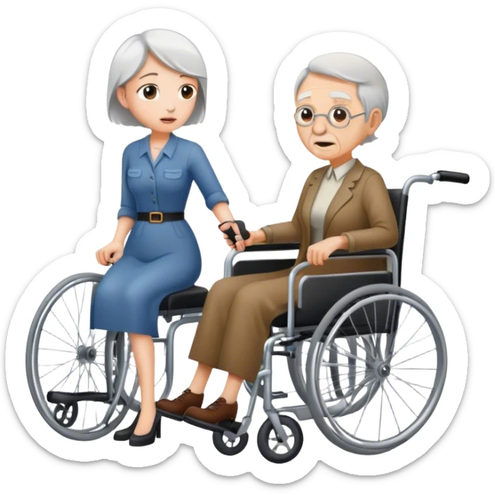 Woman with a knife in one hand, pushing with the other a wheelchair with an old man sticker