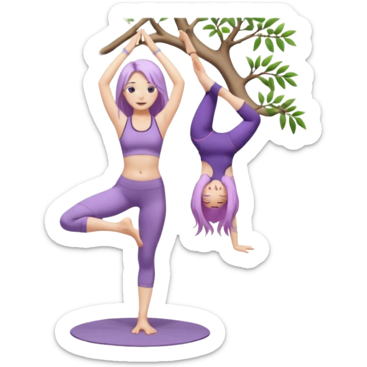 Девушка белокожая, с длинными светло-фиолетовыми волосами, в одежде для йоги, стоит в позе дерева на одной ноге, вторая нога согнута, руки вверху ладонь к ладони, в стиле бимбо пилатес, без лишних конечностей, без деревьев на фоне sticker