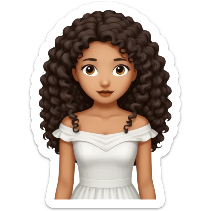 Dark tanned skin girl with very dark brown very big long curly hair, very dark Asian eyes, white dress at boatneck neckline   sticker