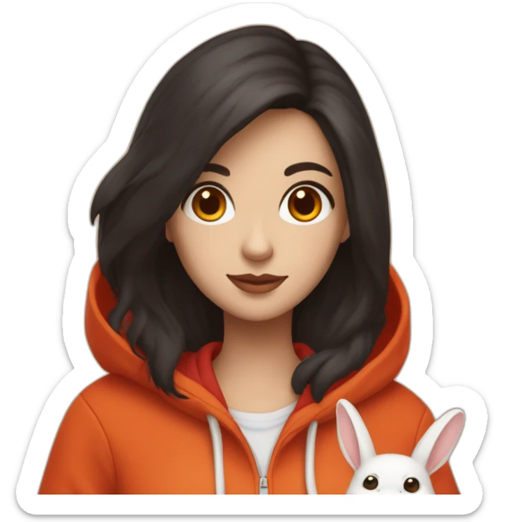 woman with white skin with brown eyes and long wavy black hair in a red hoodie is holding a very fluffy orange rabbit sticker