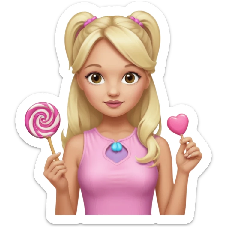 Emma Bunton with long blonde ponytails wearing light pink bodycon dress holding a lollipop sticker