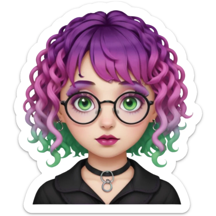 . Gothic girl with pink to violet ombré ringlet curly hair, bangs round glasses, septum piercing, nostril piercing, almond eyes, blueish green eyes,heavy eyeliner,  sticker