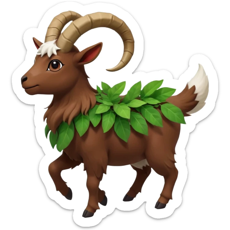 A kid riding on gogoat the quadrupedal, goat-like Pokémon with a brown, furry body and a leafy, green mane that extends down its back. It has large, black, curved horns, white fur on its face, a black nose, and red eyes. Its legs are shorter and lighter in color around the feet, back sticker