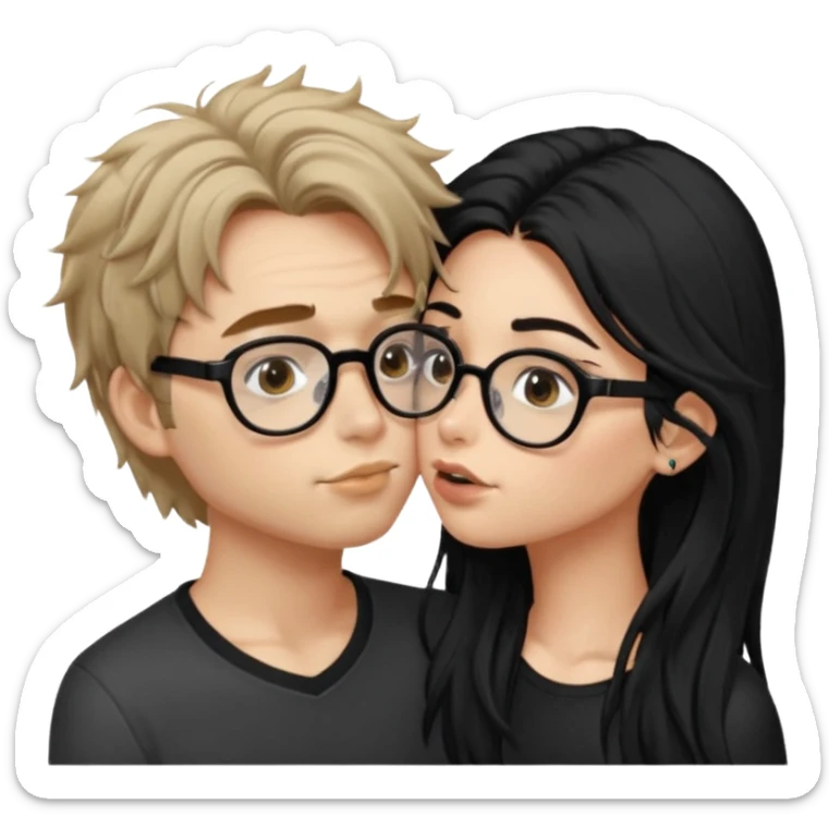  garçon avec les cheveux brun très clair ébouriffés, qui embrasse une fille avec les cheveux noir long qui a des traits d’eye-liner, des lunettes noir et un piercing au nez sticker