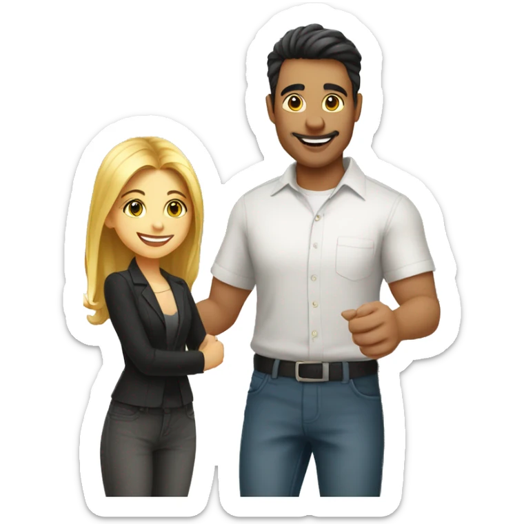 an adult restaurant owner and a young blogger shake hands, both with white skin, in great detail, in full height sticker