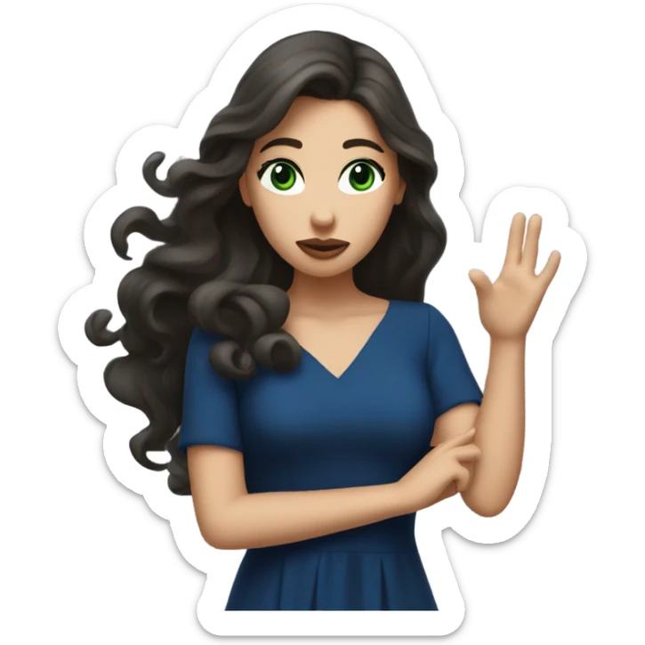 a brunette with long hair and green eyes and in a dark blue dress sends an air kiss sticker