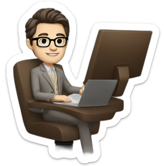Pale skinned Fit Man With dark brown hair in gray jacket, beige office shirt, Brown pants and vintage glasses sitting In a soft chair with a notebook on spring with emblem Ψ and a pen sticker