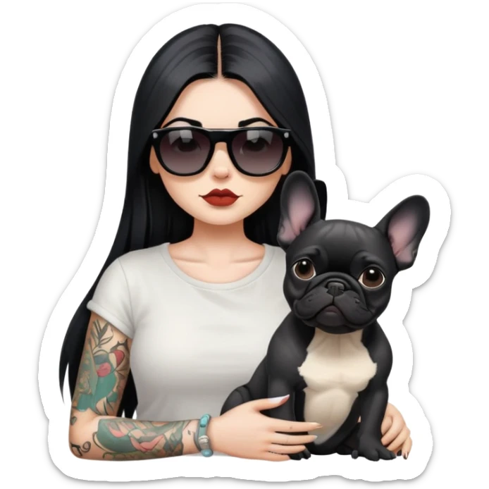girl with long black  straight hair and tattoos and Wearing sunglasses and a black French bulldog sticker