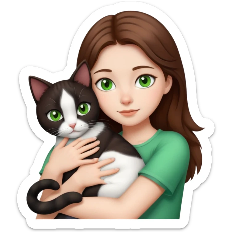 Girl with brown hair and green eyes hugging a black and white cat sticker
