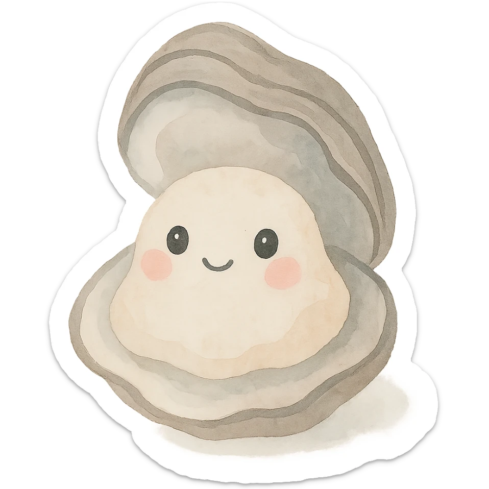 cute oyster, cream color, pink cheeks, doe eyes, greige shell, watercolor art style sticker