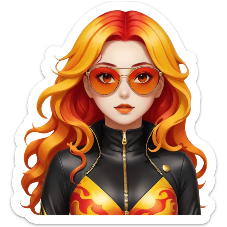 Beautiful gorgeous anime lady with beautiful fiery long warm-red-orange-yellow-gradient-wavy-special-hair, fashion aesthetic, black sunglasses, accessories, gold jewelries, red-and-yellow sunny-pattern-eyes, black latex-suit, biker-woman, cool, badass sticker