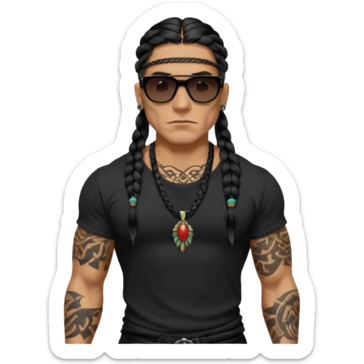 Native American/Spanish male. 
Untucked loose fitting black t-shirt. 
long black braided hair.
very muscular.
Even More tattoos. 
Tough and menacing.
Dark black square sunglasses. sticker