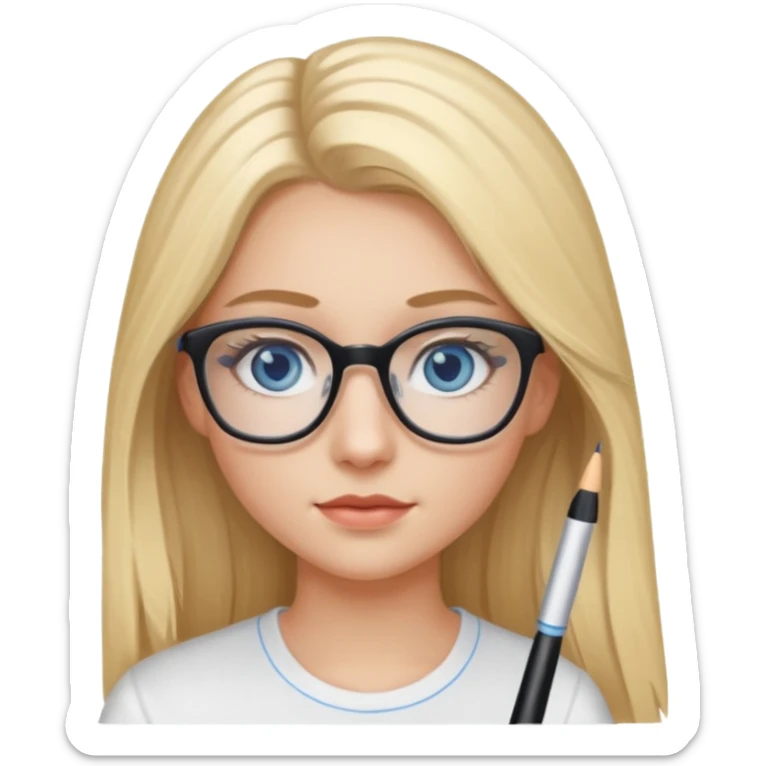 Fille 20ans qui a des cheveux long et blond  avec des lunettes et des yeux bleu- gris avec du mascara sur les yeux et un haut blanc sticker