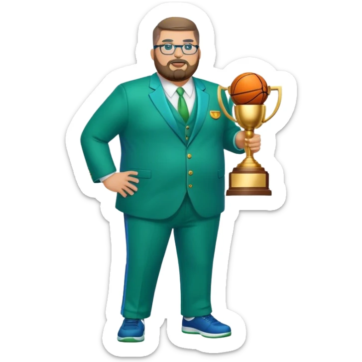 full body white obese male basketball coach with trophy. Goatee beard , Wearing glasses and blue and green suit sticker