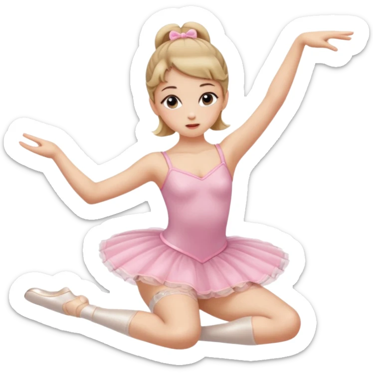 Una chica con vestuario de bailarina con las piernas flexionadas, el dedo índice en la boca, el tren superior inclinado hacia la izquierda y con la cadera proyectada hacia la izquierda sticker