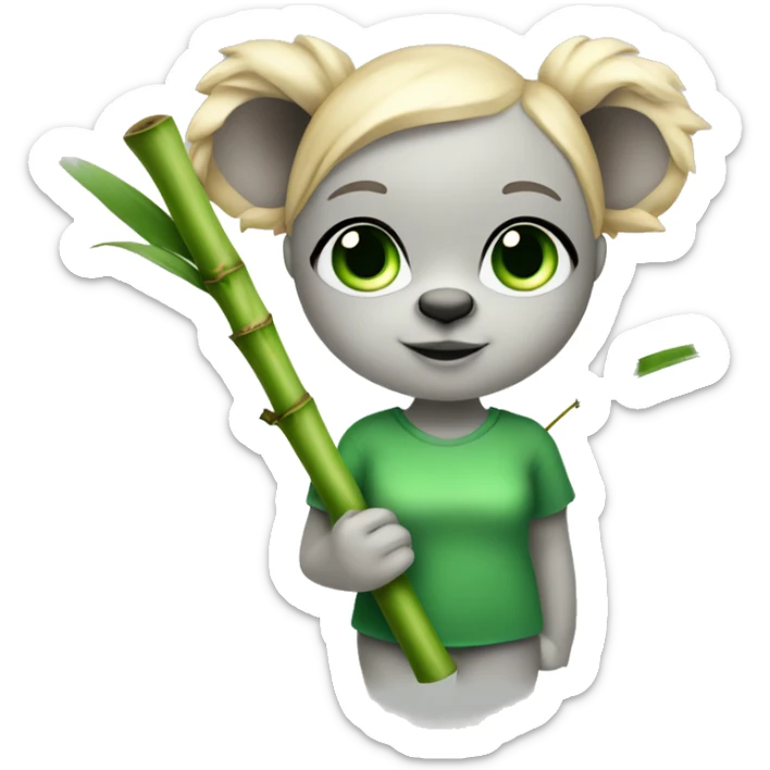 White Girl with blonde hair and green eyes and koala ears holding bamboo stick  sticker