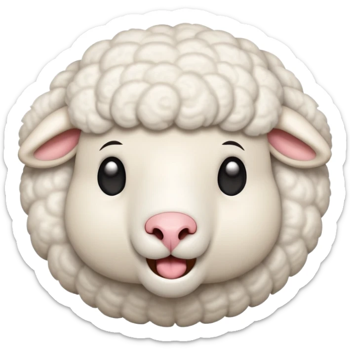 An emoji of a sheep with its mouth open, making a 'mee' sound. The sheep has fluffy white wool and expressive eyes, with a cute and playful design sticker
