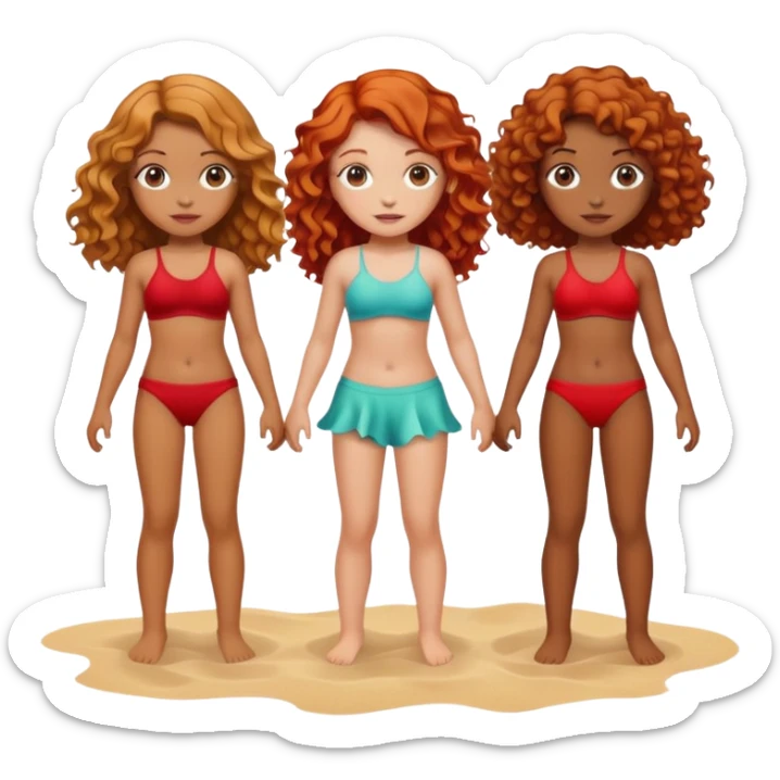 Four girls on the beach, one with wavy red hair, another dark blonde, another brown and another with curly hair sticker