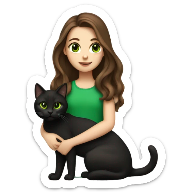 Girl with long brown hair and brown eyes holding a black green eyed cat sticker