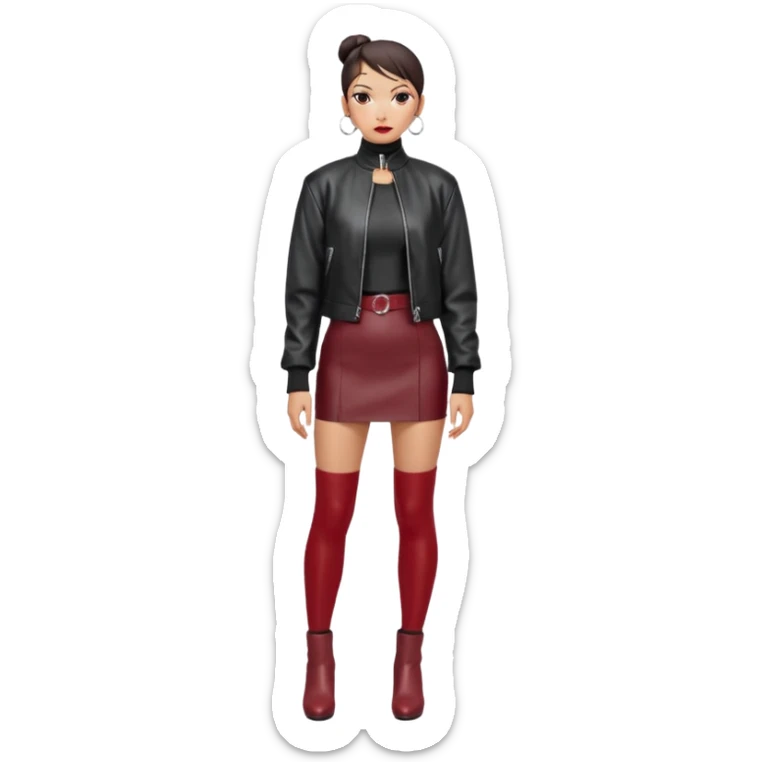 Full-body shot of an East Asian woman with a low sleek bun. Oversized black leather jacket that reaches the hips, black turtleneck, silver orb necklace. Red leather mini skirt, burgundy tights, and red long boots. Clean, fashion-editorial look. sticker