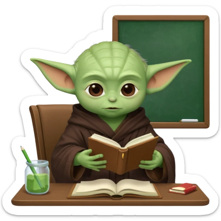 Baby Yoda con su tunica chocolate leyendo en un cuaderno sobre un escritorio en un aula de clases sticker