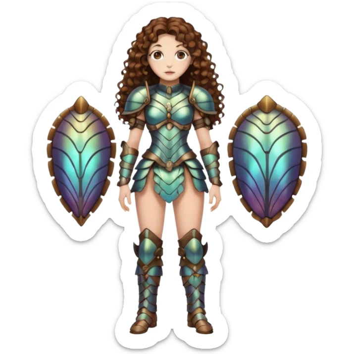 full body woman long curly brown hair brown eyes white skin tattoos beetle shell armor couture, iridescent plates, confident stance sticker