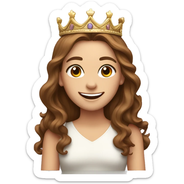 a white girl with brown wavy long hair, brown eyes and big smile wearing a crown sticker