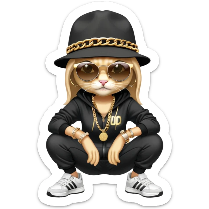 female cat wearing Run DMC hip-hop outfit with tracksuit, fedora, Adidas sneakers, dark sunglasses, many gold chains, rings, bracelets, flashy earrings, fallen down sticker