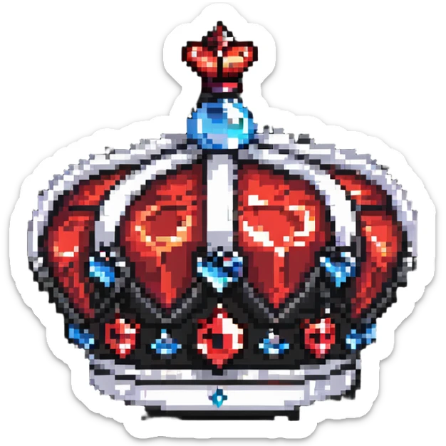 black crown with large red jewels, pixel art style, only black and red colors, no other colors sticker
