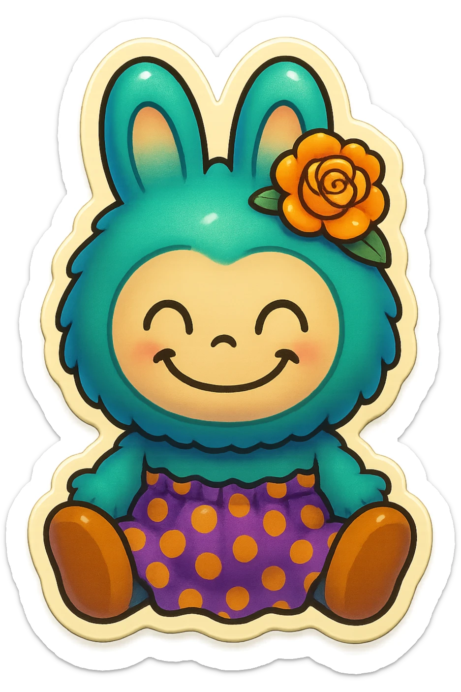 Change the teal bunny character's face to a happy, wide smile with closed eyes, keeping the same retro stickers style. sticker