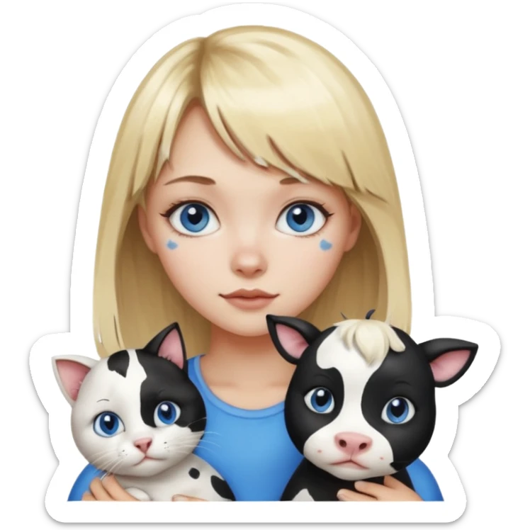 Cute cat black and white stain like a cow in the arms of a blond girl with bangs and blue eyes sticker