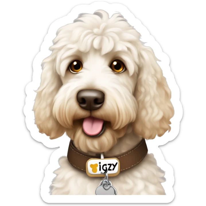 White and brown patched labradoodle dog with collar on and name tag with the name ziggy sticker
