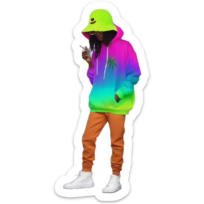 Hemp leaves Multicoloured neon person smoking wearing hoodie dancing hip hop bucket hat tropical Skater fashion aesthetic baggy clothes graphic t shirt 420 sticker