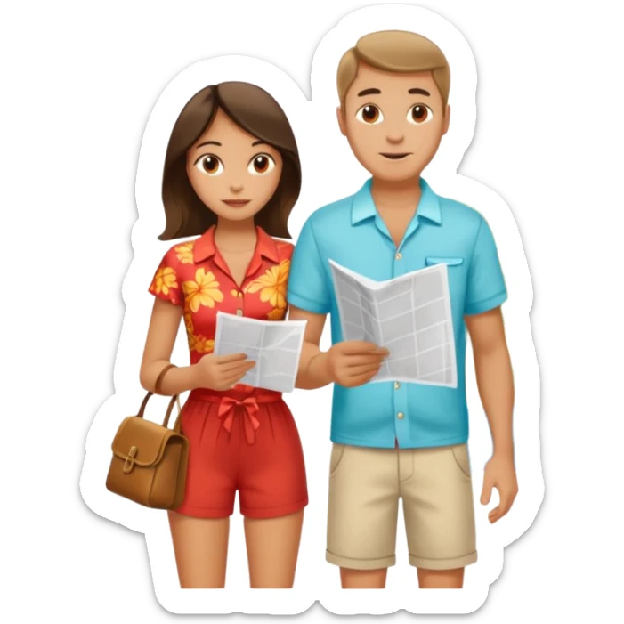Russian man and elegant Spanish girl in vacation outfits with a map planning  sticker
