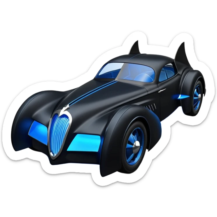  the animated series aerodynamic opulent dark knight futuristic concept Batmobile loosely based on 1936 cord 812 jaguar(flat long straight faceted mechanical body) winged stealthy street hot rod  sticker