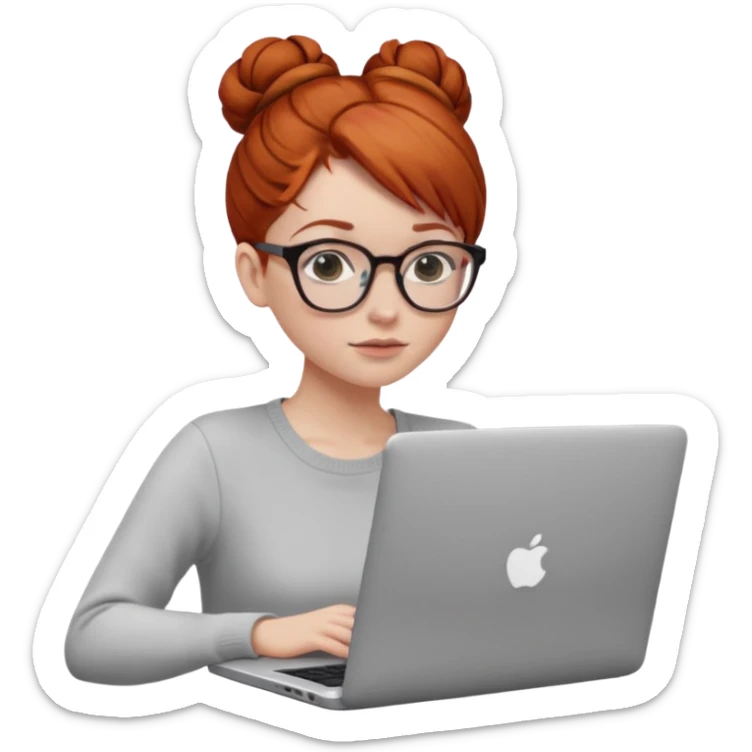 hair in a bun redhead female with glasses focused on a laptop sticker