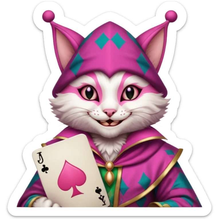court jester cat medieval, single poker card joker clearly visible, pink, face only sticker